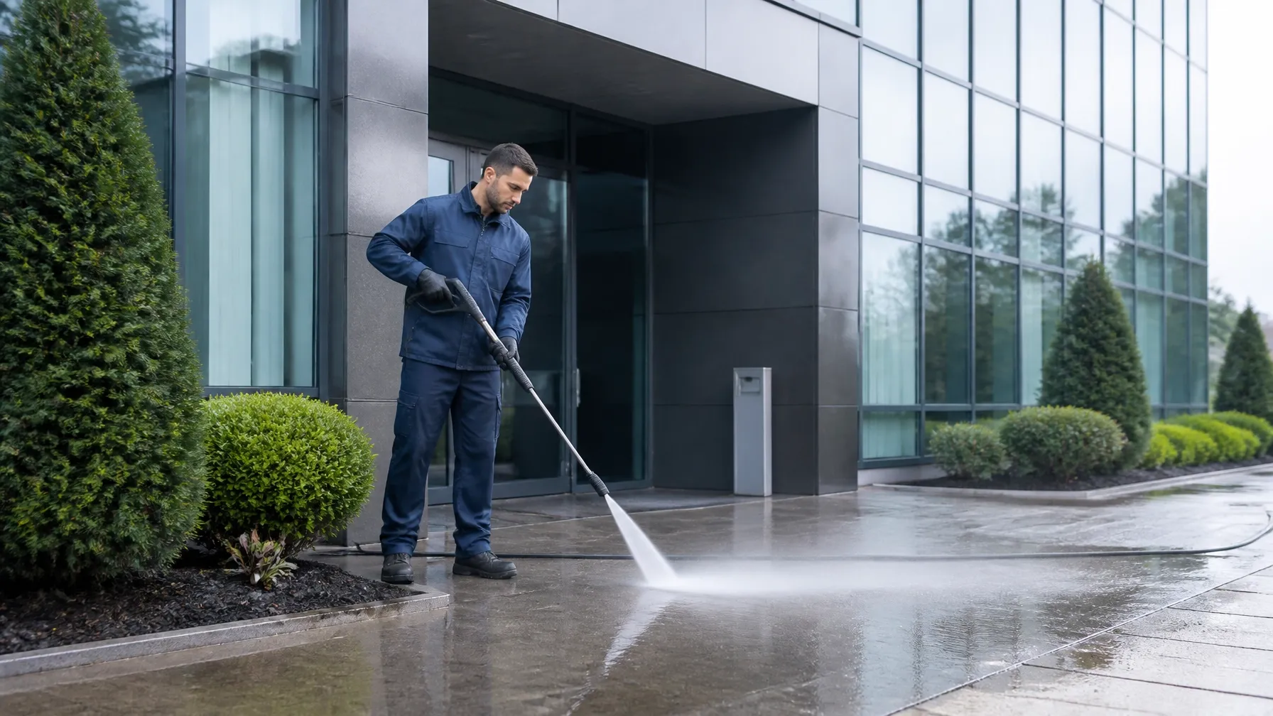 Cleaning professional pressure washing a modern building entrance