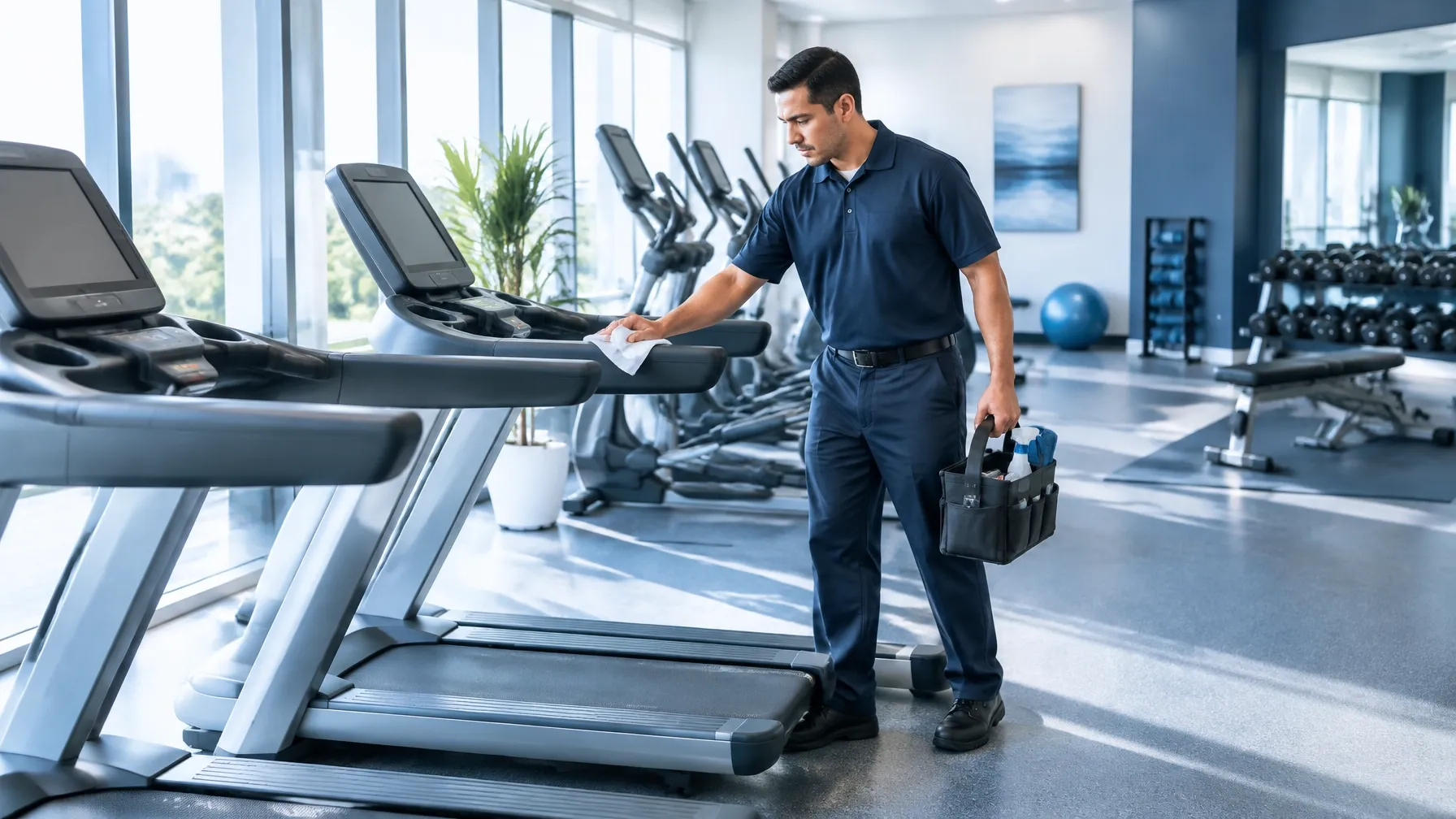 Hotel facility support professional wiping fitness equipment