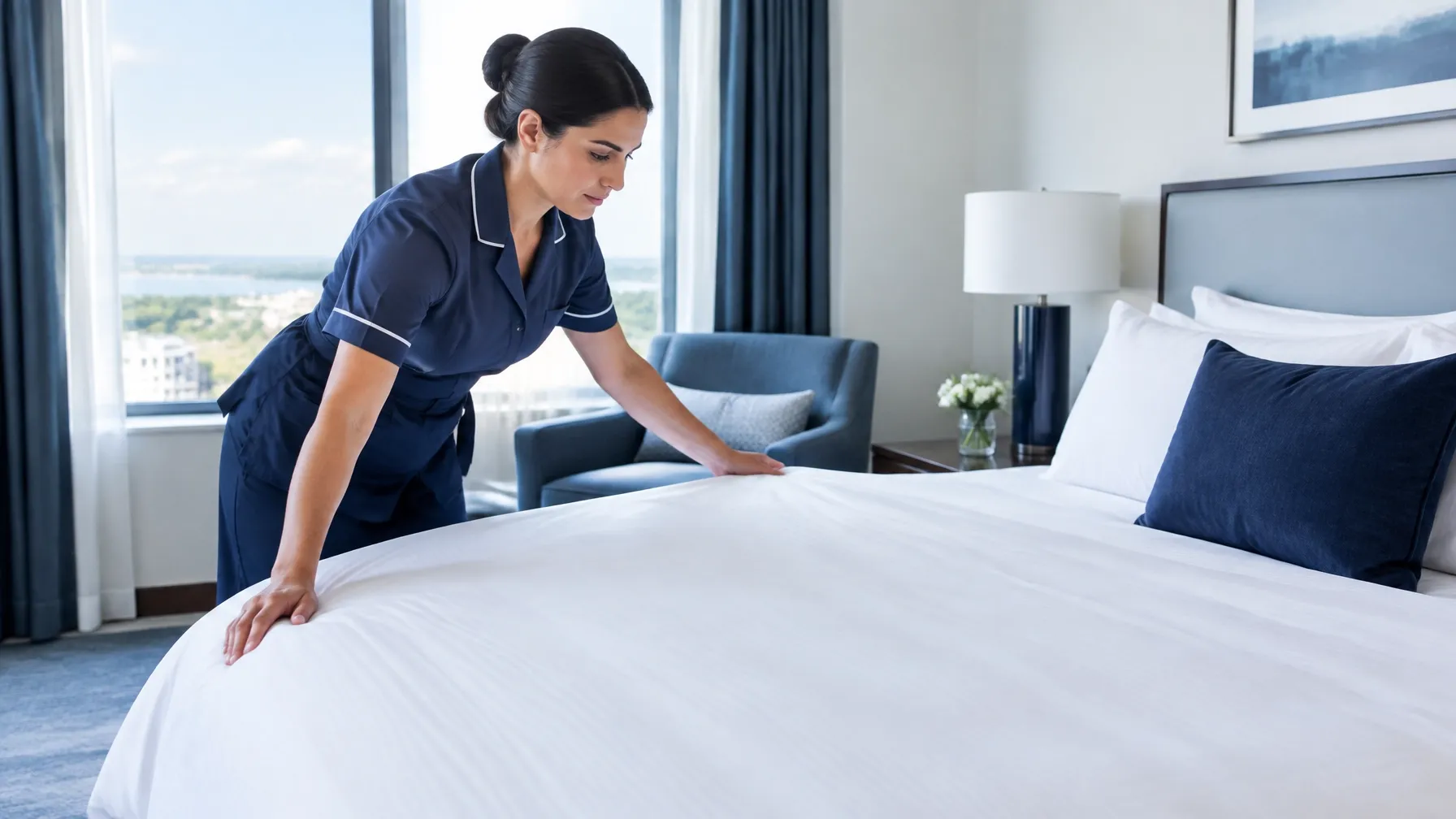 Hotel housekeeper making a bed in a guest room