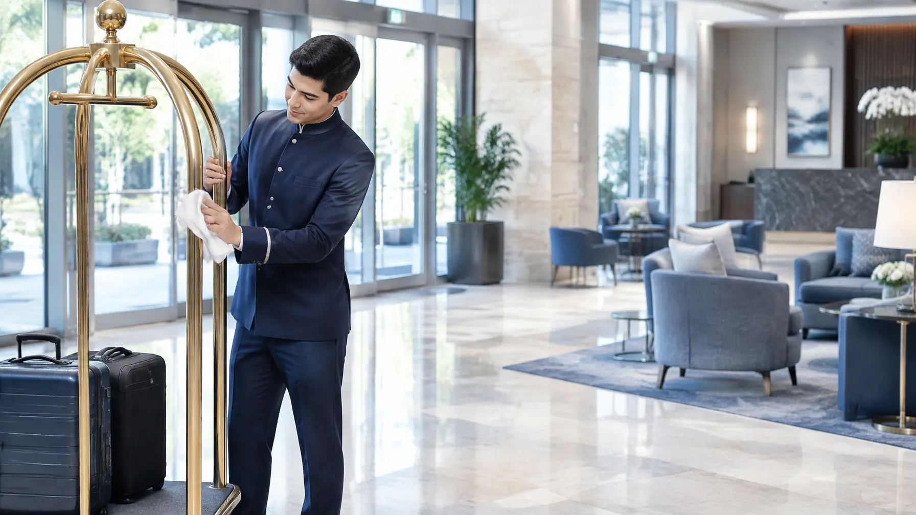 Hotel lobby attendant polishing a brass luggage cart in a guest arrival area