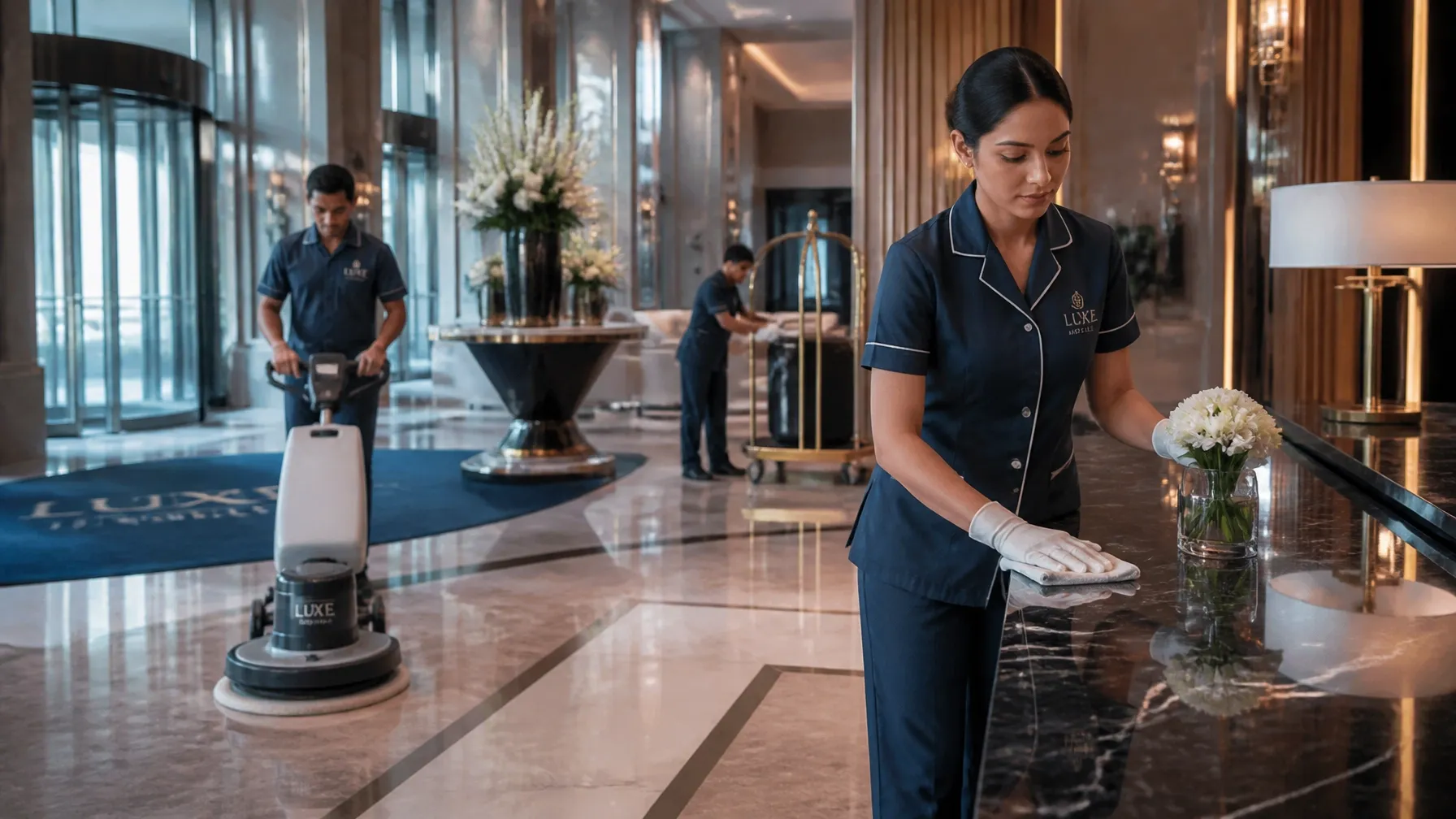 Hospitality team maintaining a polished hotel lobby